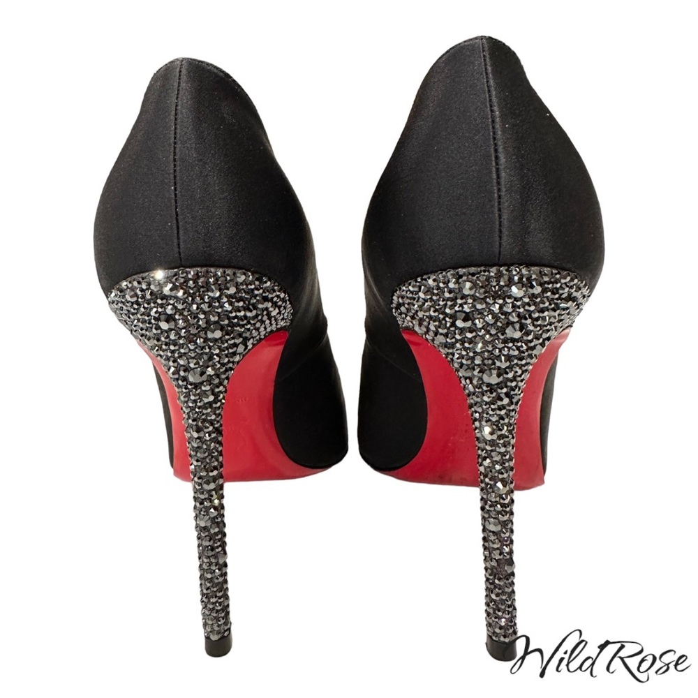 CHRISTIAN LOUBOUTIN Black Satin Rhinestone Embellished Heels SZ 38 - Picture 3 of 15